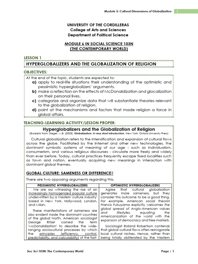 SOC SCI 103N MODULE 6 Lesson 1 Cultural Dimension of Globalization ...