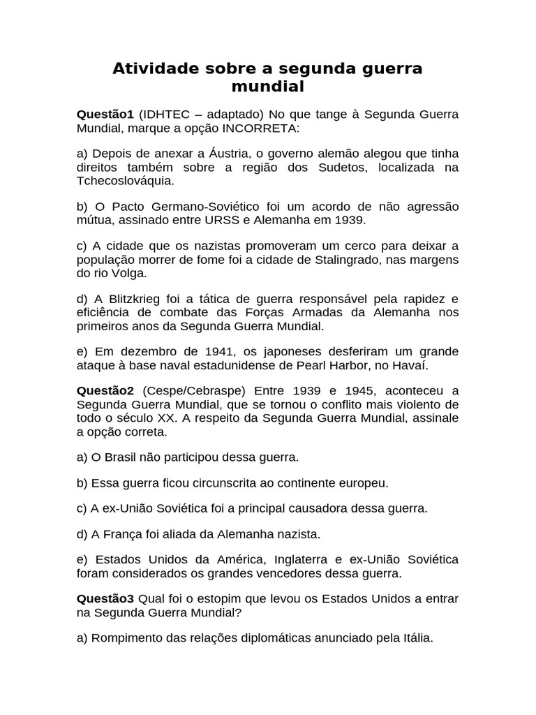 Questões sobre a Segunda Guerra Mundial | PDF