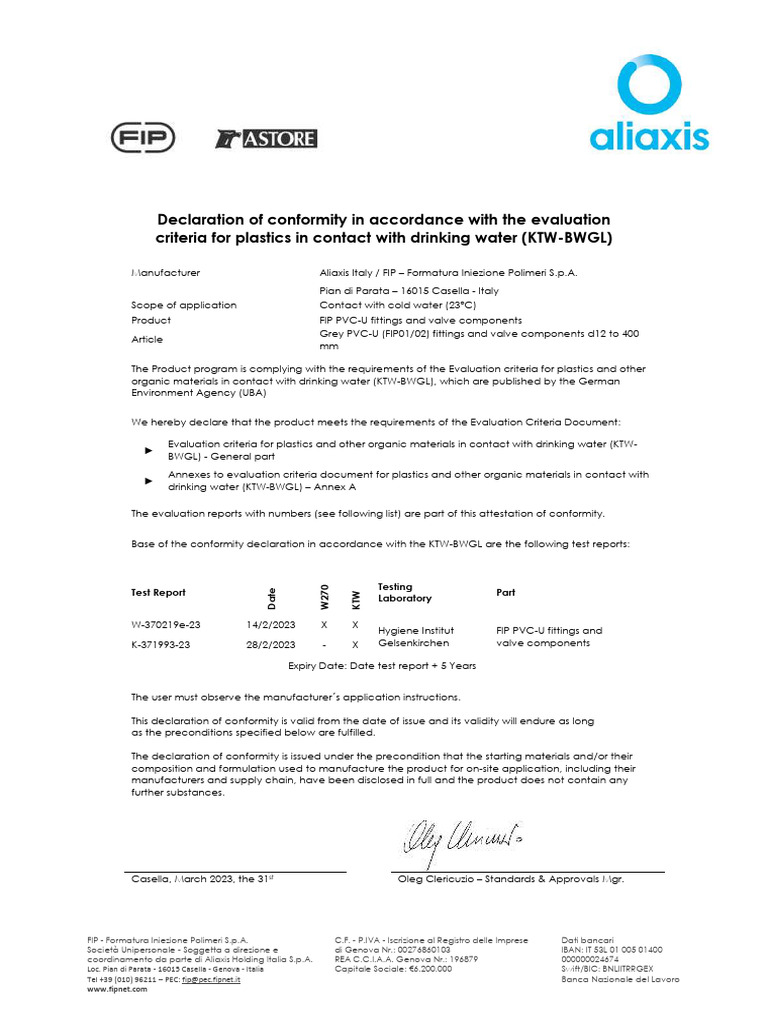 FIP PVC-U Fittings Conformity Declaration | PDF