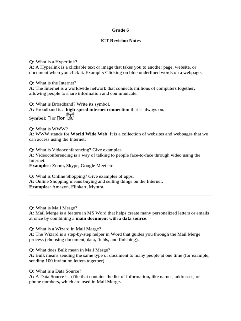 Grade 6 ICT Revision Notes on Key Concepts | PDF