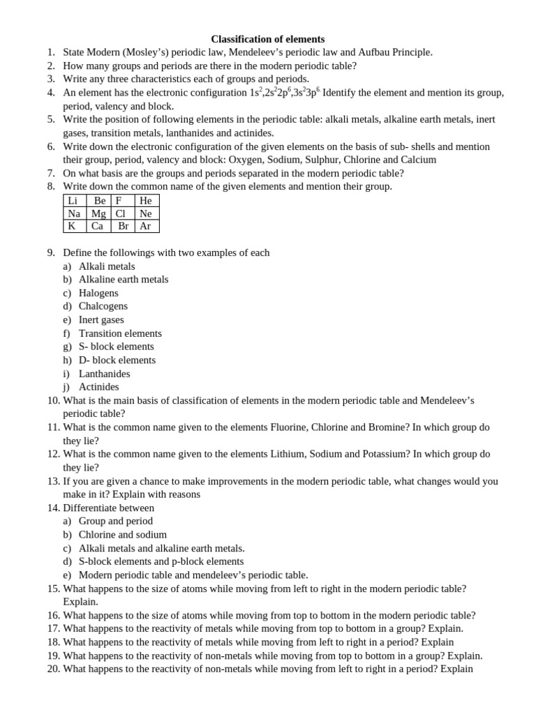Classification of Elements - Questions | PDF | Periodic Table ...