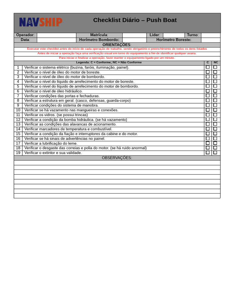 Checklist Diário para Push Boat | PDF
