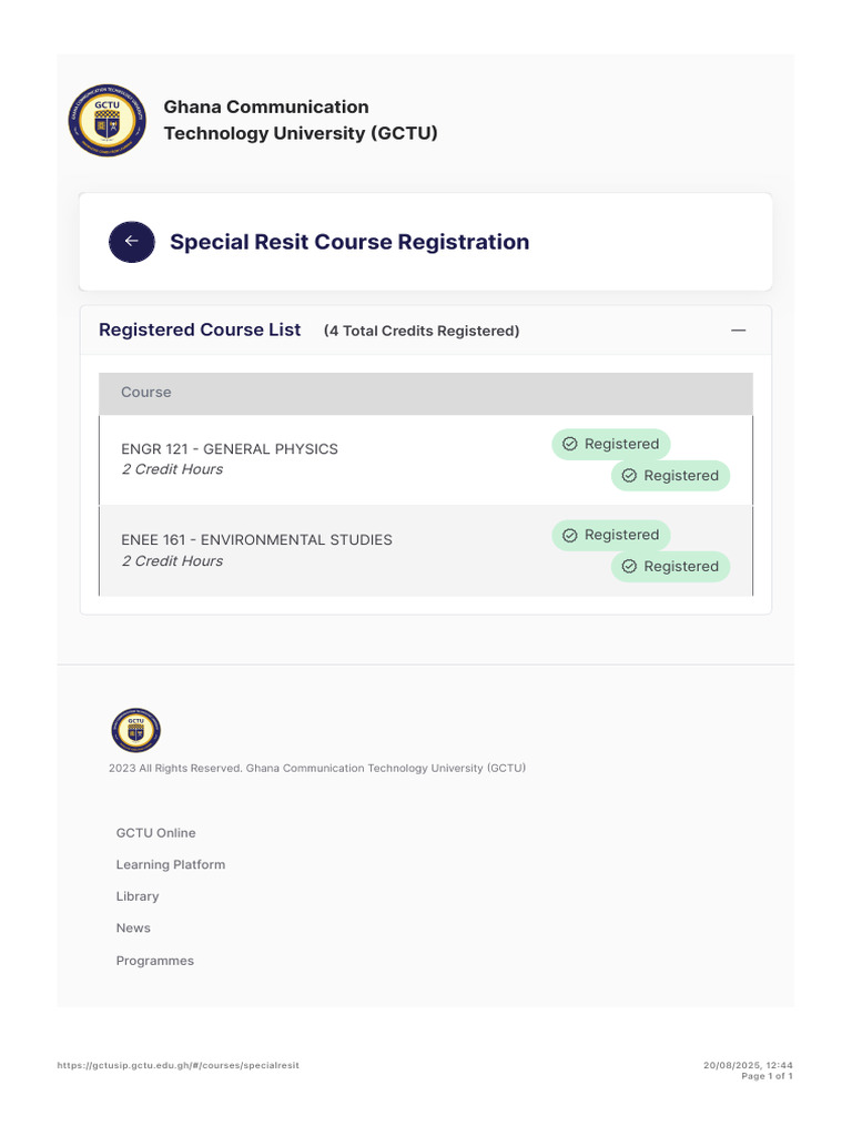 GCTU Special Resit Course Registration | PDF