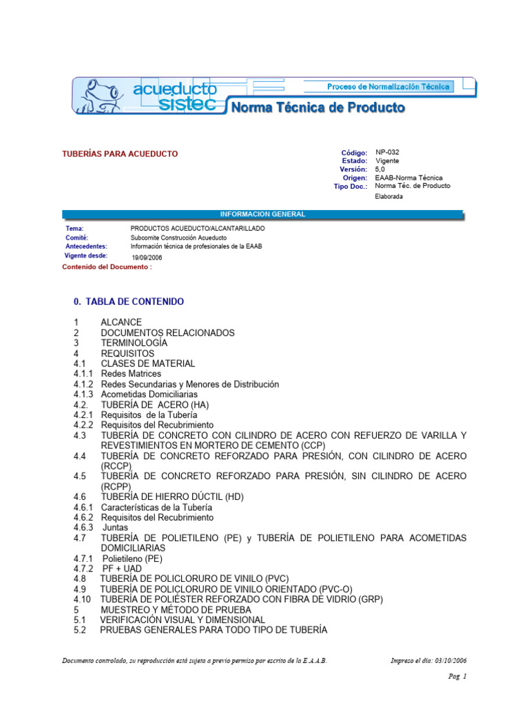 Requisitos Tuberías Acueducto EAAB | PDF | Tubería (transporte de ...