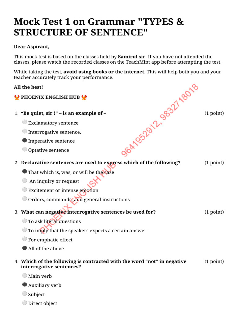 Answer Mock Test 1 On Grammar - TYPES & STRUCTURE OF SENTENCE ...