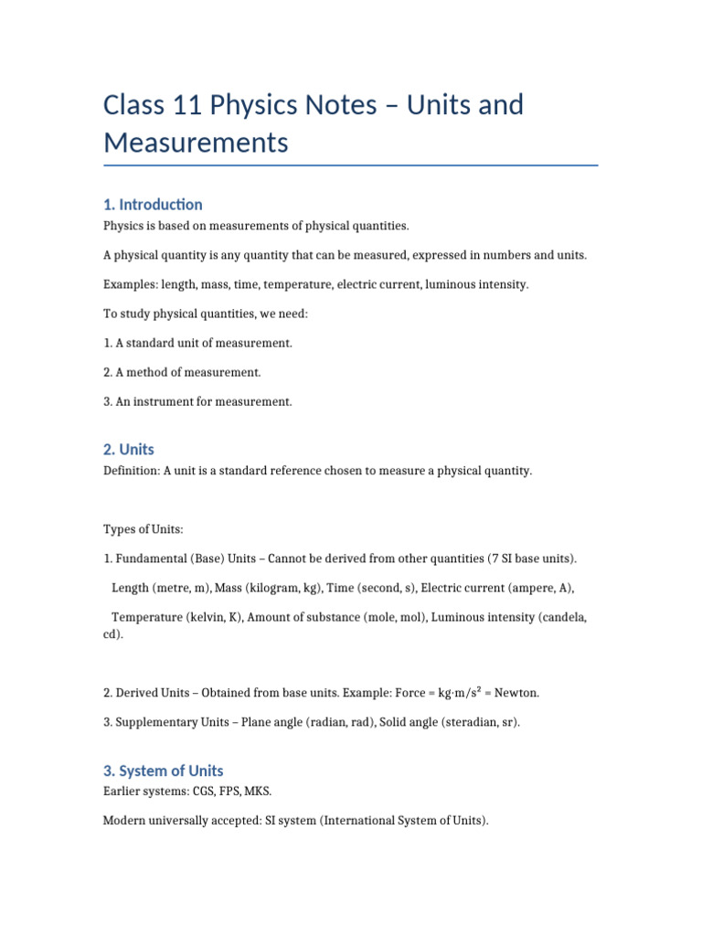 Class 11 Physics: Units & Measurements Notes | PDF | Measurement ...