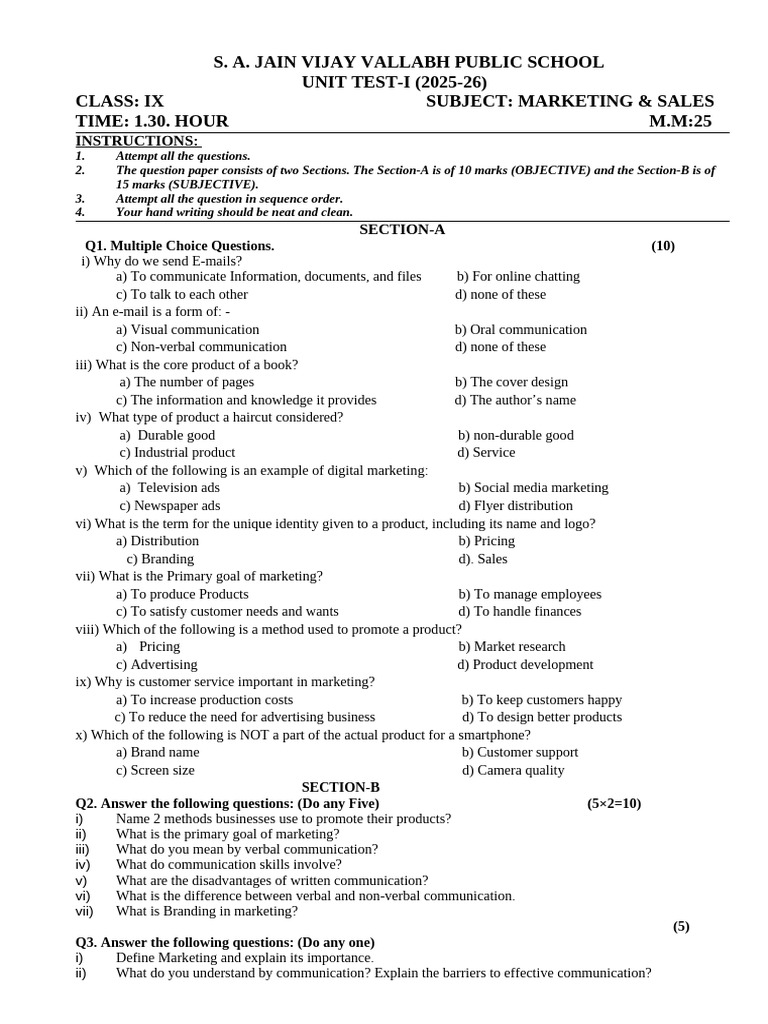 Class IX Marketing & Sales Unit Test | PDF | Communication | Marketing