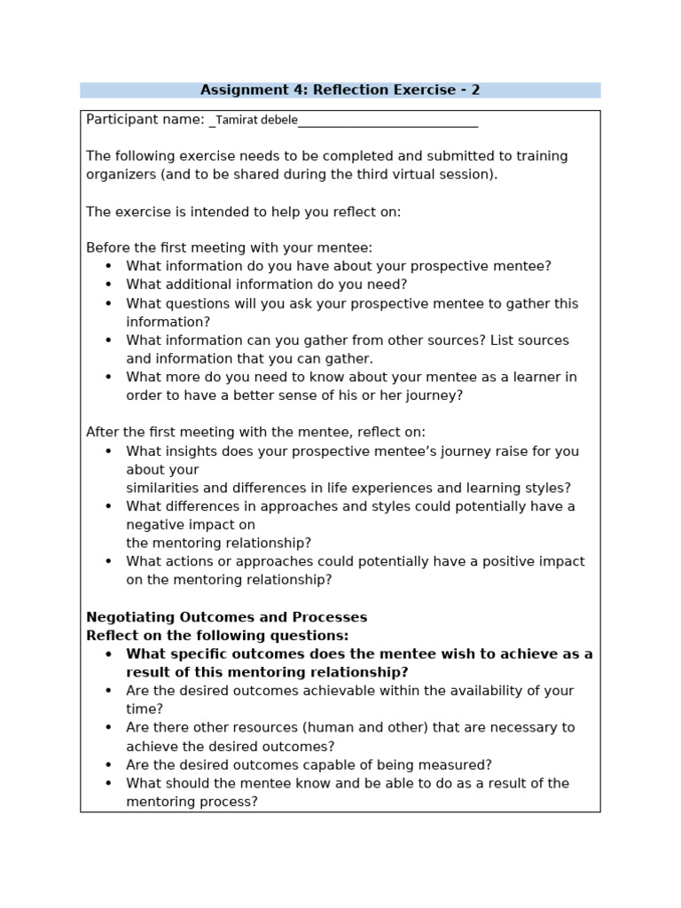 Mentoring Reflection Exercise Guide | PDF | Mentorship | Learning