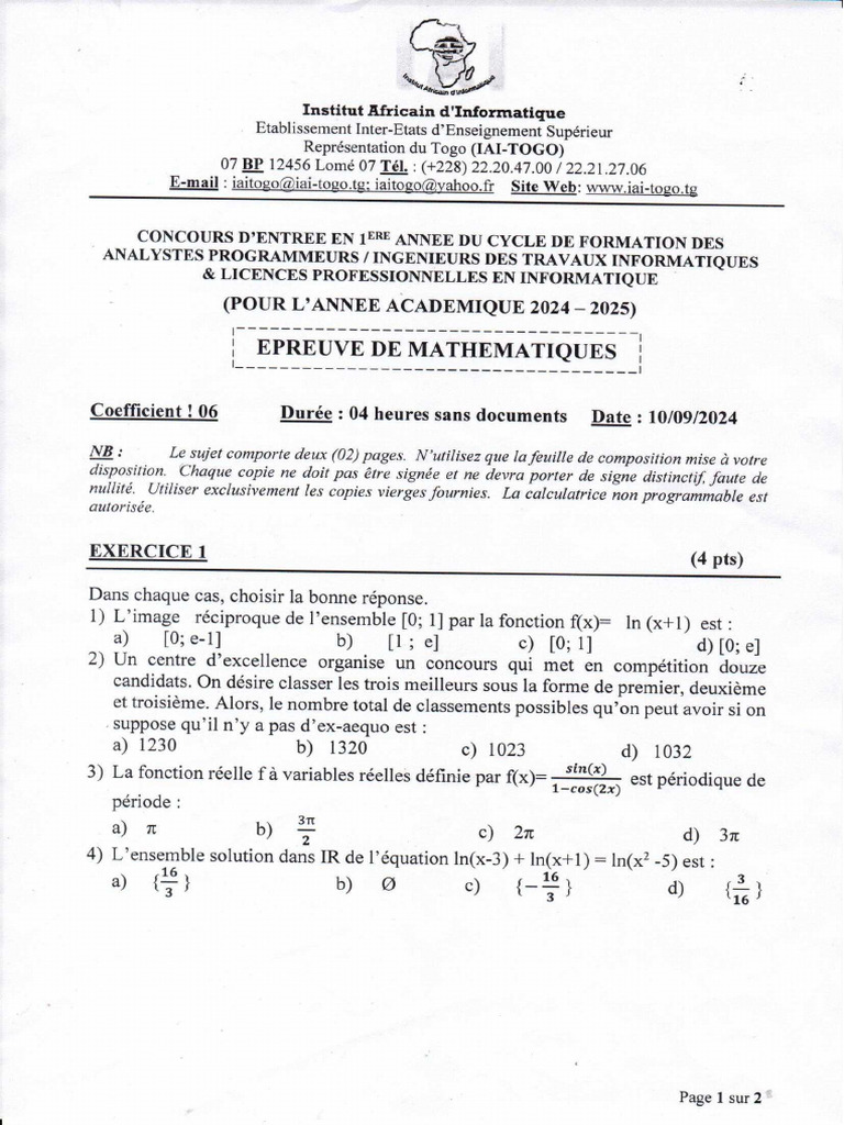 Epreuves Concours D entree A L Iai Togo 2024 PDF