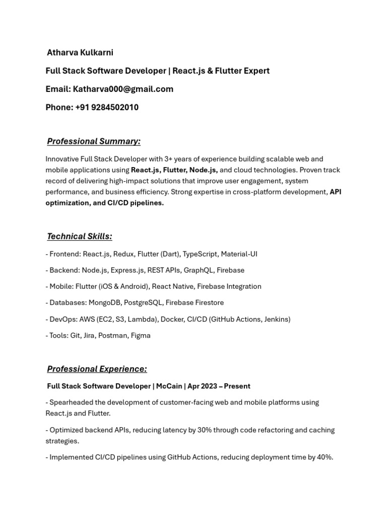 Full Stack Developer Profile: React & Flutter | PDF | Mobile App ...