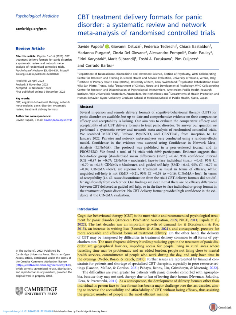 CBT Treatment Delivery Formats For Panic Disorder - A Systematic Review ...