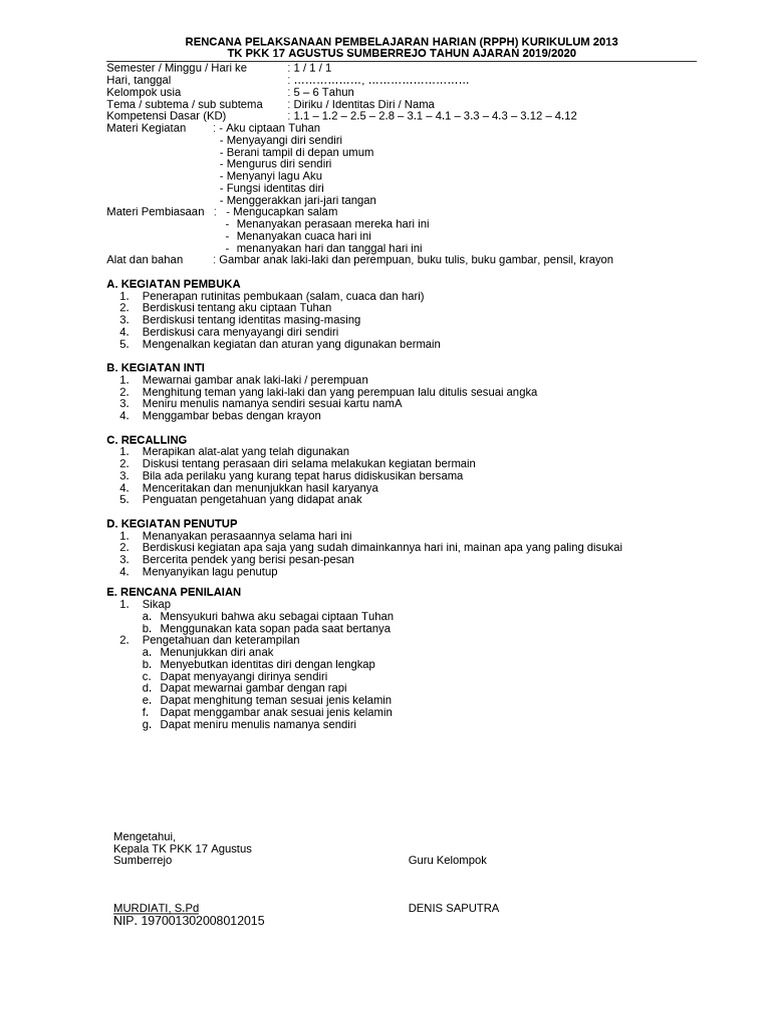 RPPH TK-B Minggu 1 - Identitas Diri | PDF