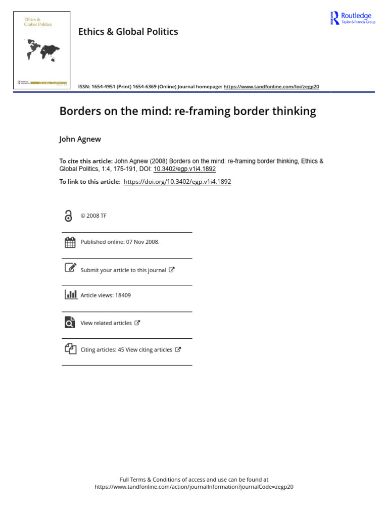 AGNEW Borders On The Mind Re Framing Border Thinking | PDF | Nation ...