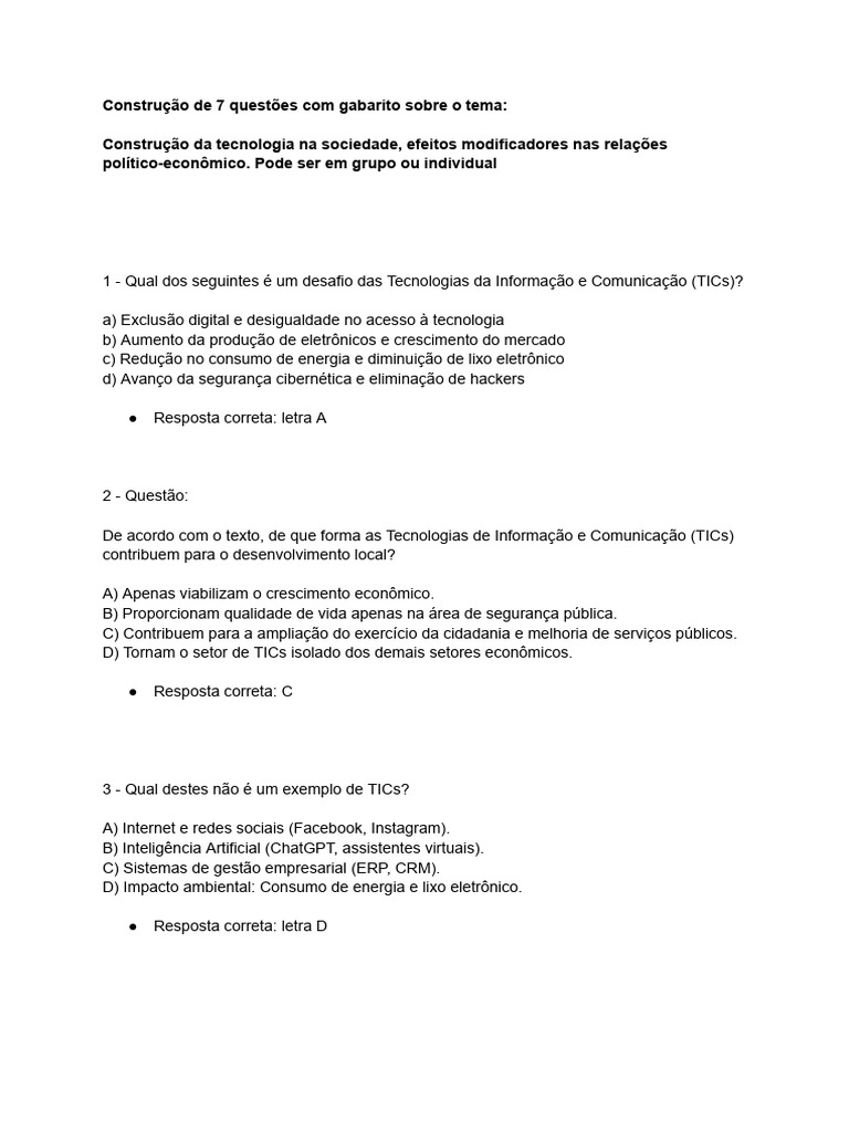 Construção de 7 Questões Com Gabarito Sobre o Tema | PDF | Tecnologia ...