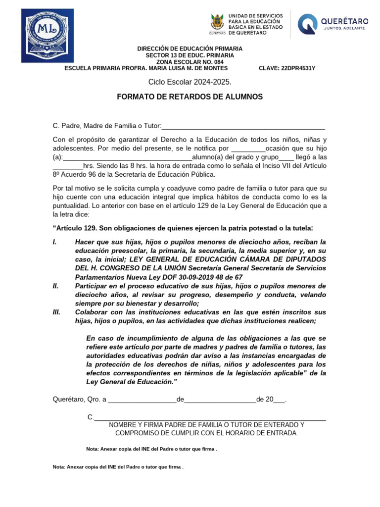 Formato de Retardos Escolares 2024-2025 | PDF | Justicia | Crimen y ...
