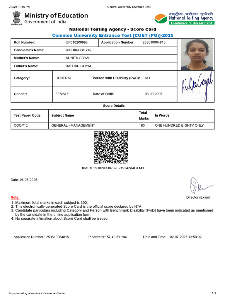 CUET PG 2025 Score Card for Rishika Goyal | PDF