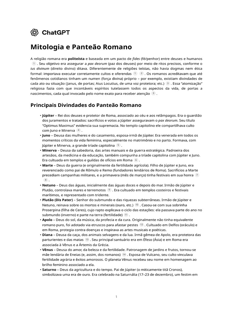Deuses do Panteão Romano | PDF | Mitologia grega | Roma Antiga