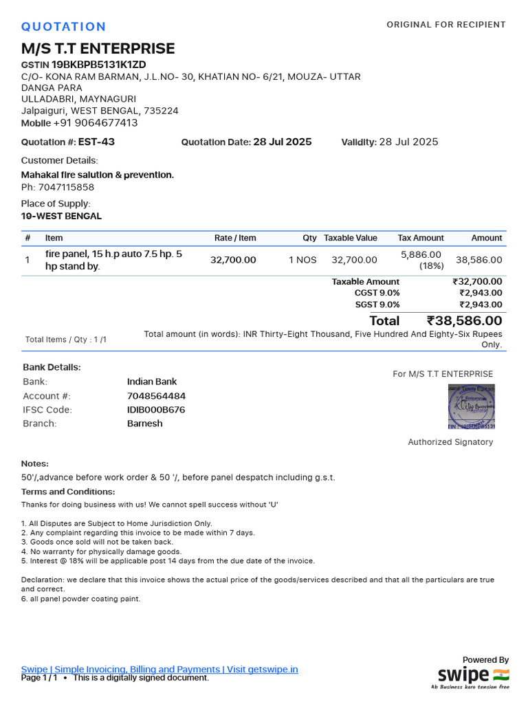 Fire Safety Quotation EST-43 | PDF | Government Finances | Taxes
