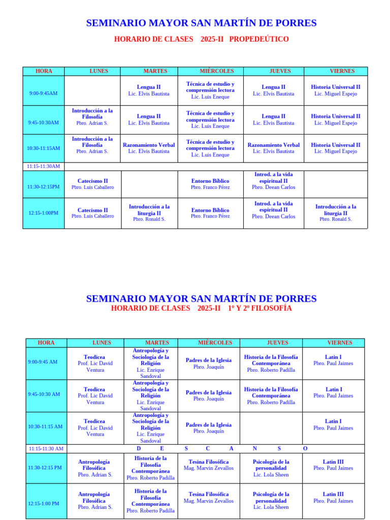 Horario Clases Seminario San Martín 2025-II | PDF | Educación en artes ...