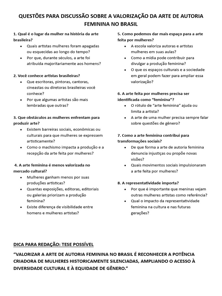Valorização da Arte Feminina no Brasil | PDF | Gênero | Estudos de Gênero