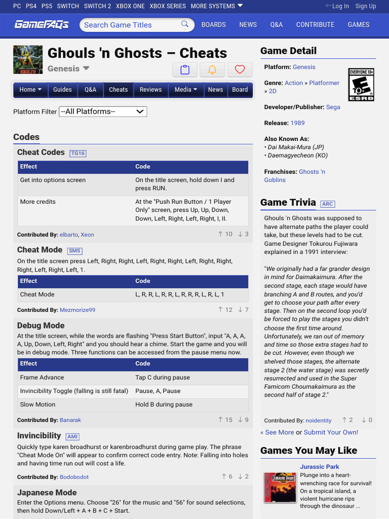 Ghouls 'n Ghosts Cheat Codes Guide | PDF | Video Games