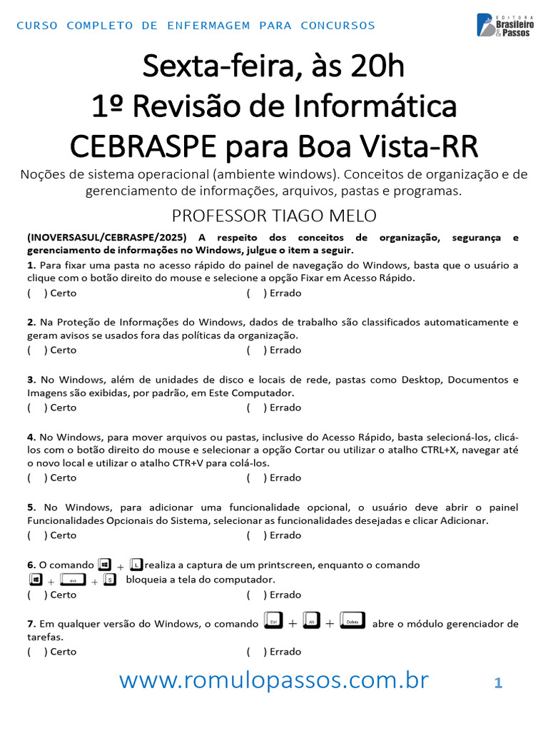 1º Revisão de Informática CEBRASPE Para Boa Vista-RR | PDF | Windows 10 ...