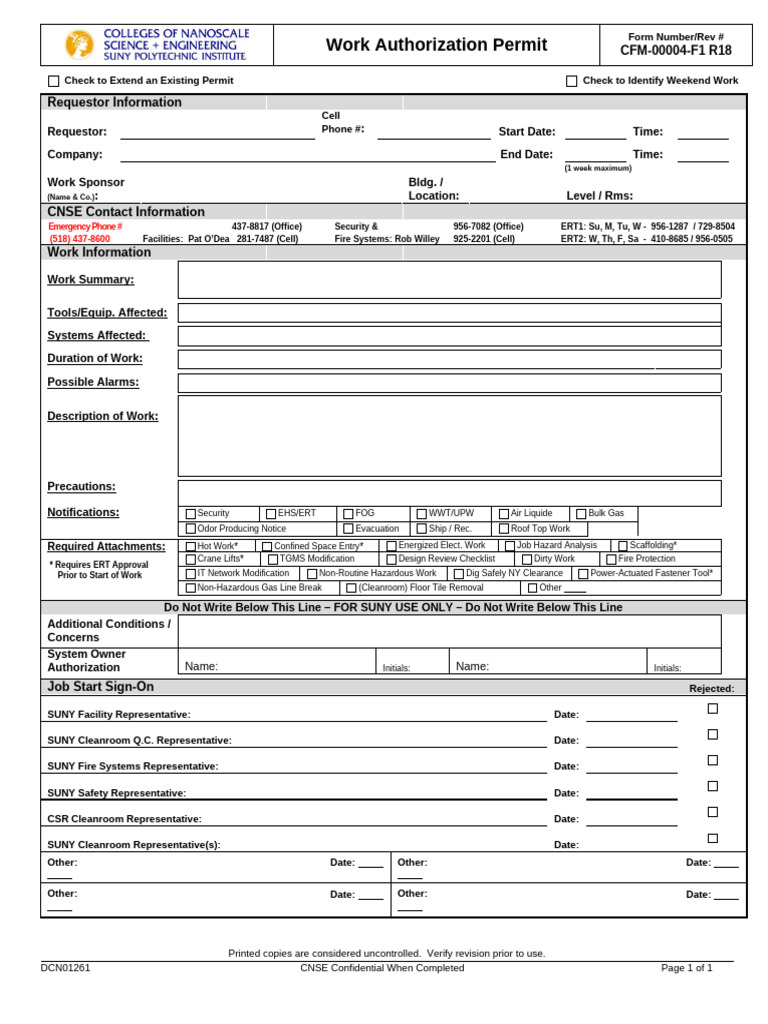 Work Authorization Permit Form CFM-00004-F1 | PDF | Occupational Safety ...