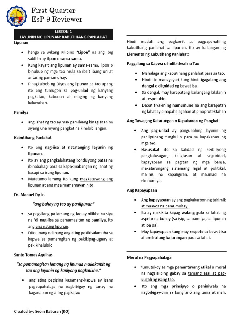 Esp 9 Quarter 1 Reviewer | PDF