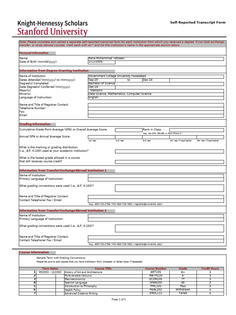 Self-Reported Transcript Form | PDF | Course Credit | Student ...