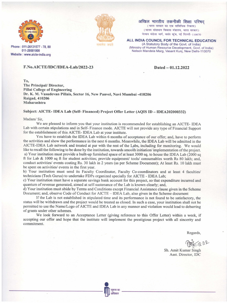 AICTE Idea Lab Offer Letter | PDF | Government