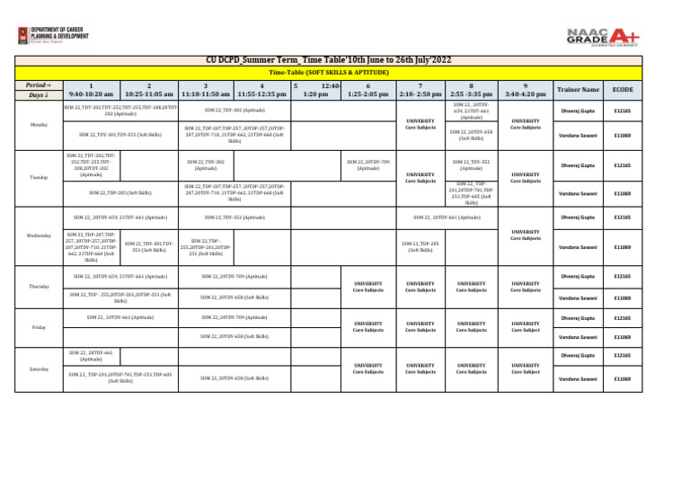 Attachment 1 CU DCPD Summer Term Time Table June To July 2022 | PDF