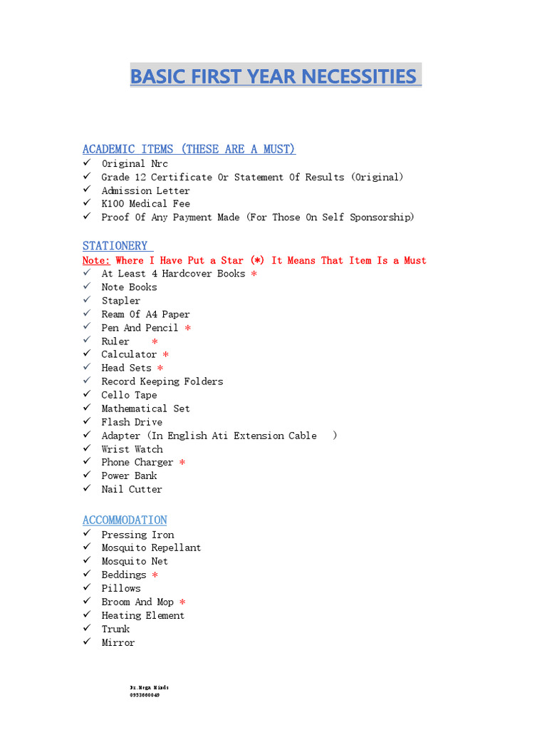 Basic First Year Necessities - 093812 | PDF