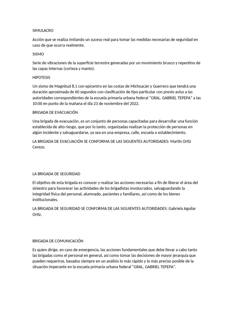 Plan de Emergencia Escolar y Brigadas | PDF | Primeros auxilios | Temblores