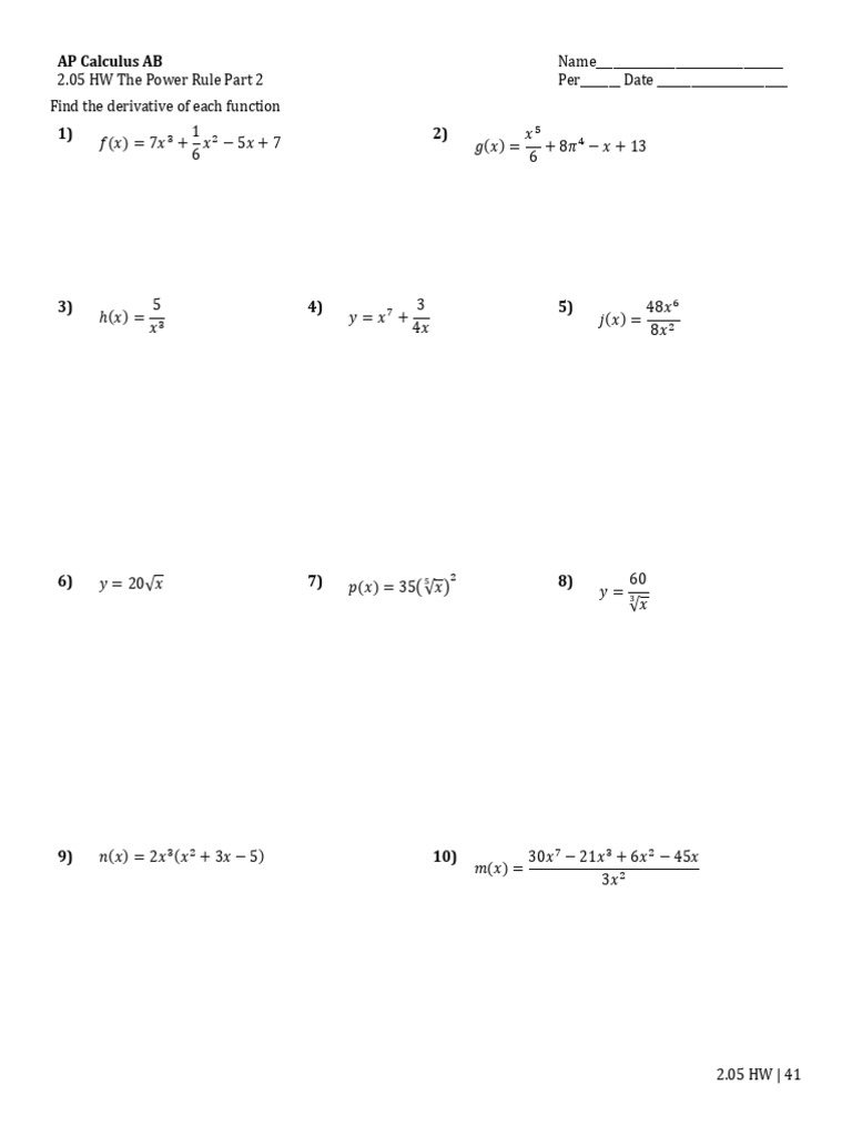 2.05 HW The Power Rule Part 2 | PDF | Function (Mathematics) | Derivative
