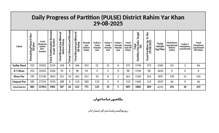 Daily Progress of Partition (PULSE) District Rahim Yar Khan-5 | PDF