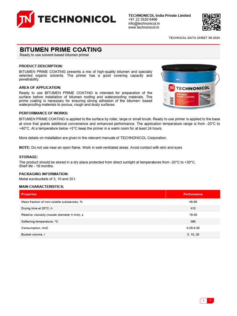 Bitumen Prime Coating Technical Data Sheet | PDF | Coating | Applied ...
