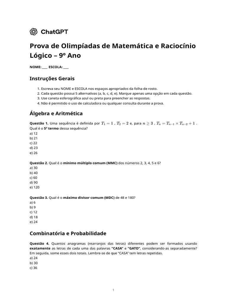 Prova de Olimpíadas de Matemática e Raciocínio Lógico - 9º Ano | PDF ...