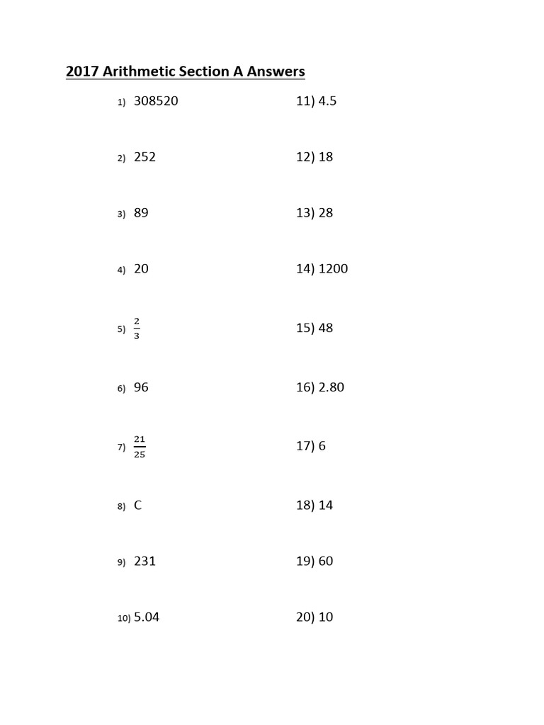 2017 Arithmetic Answers List | PDF