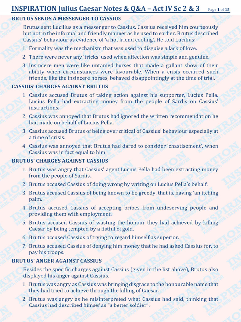 Inspiration Julius Caesar Notes & Q&A - Act IV SC 2 & 3 I | PDF