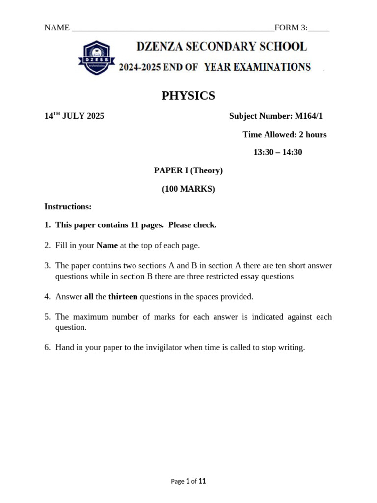 Form 3 Physics Exam Paper 2025 | PDF | Frequency | Sound
