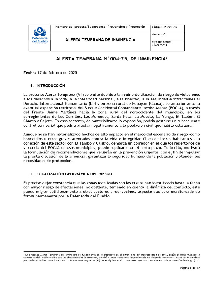 Alerta Temprana de Riesgo en Popayán | PDF | Seguridad humana | Policía