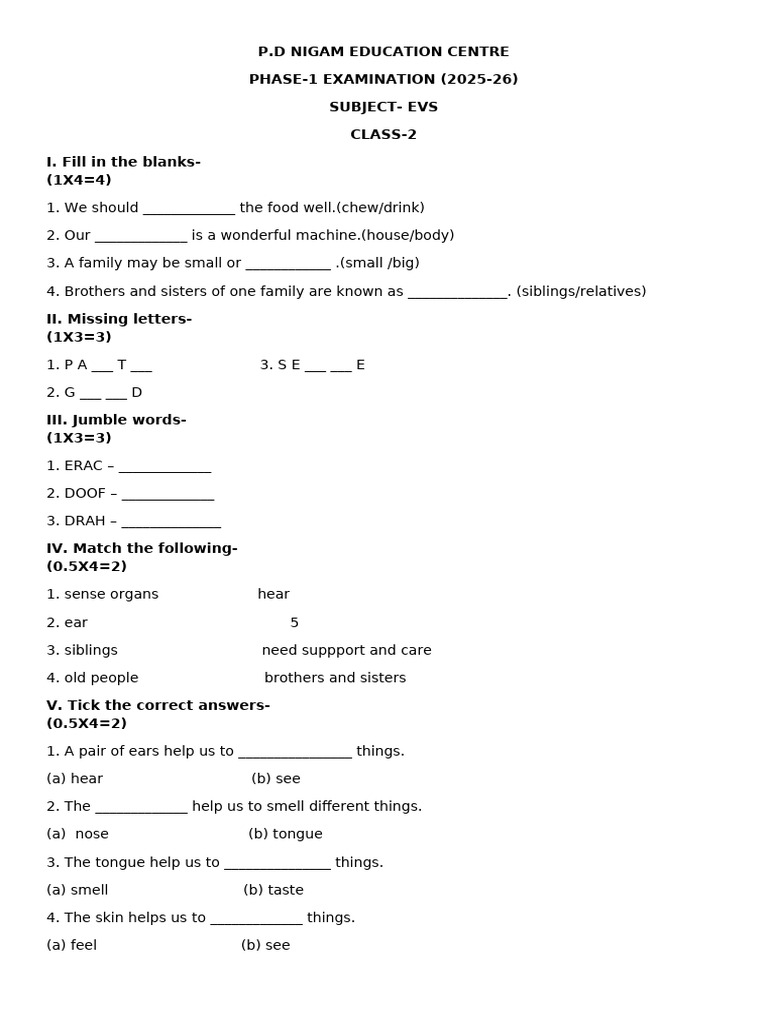 EVS Class 2 Exam Paper 2025-26 | PDF