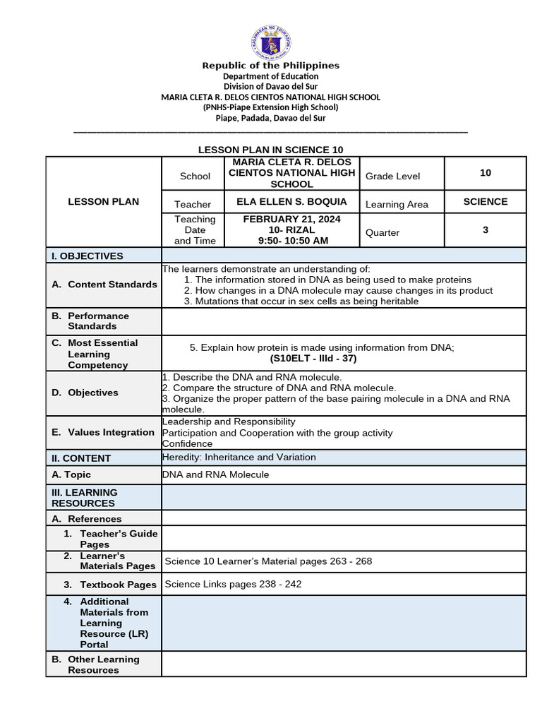Science 10 Lesson Plan: DNA & RNA | PDF | Nucleotides | Dna