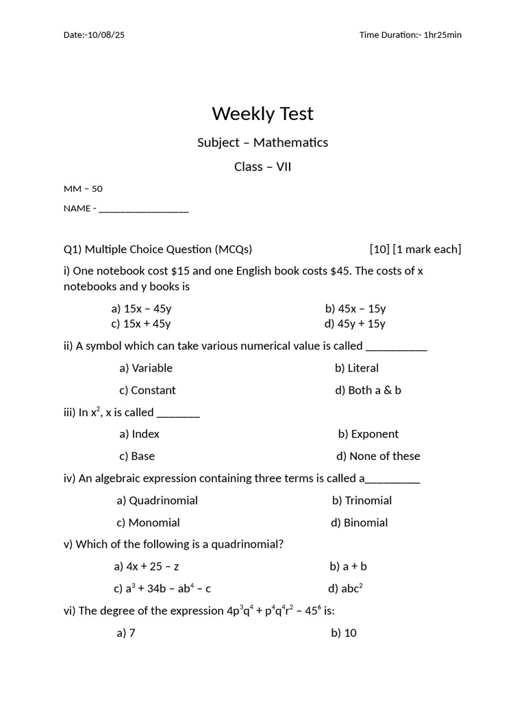 Class VII Mathematics Weekly Test | PDF | Mathematical Objects ...