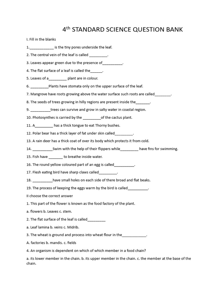 4th Grade Science Question Bank | PDF | Leaf | Planets