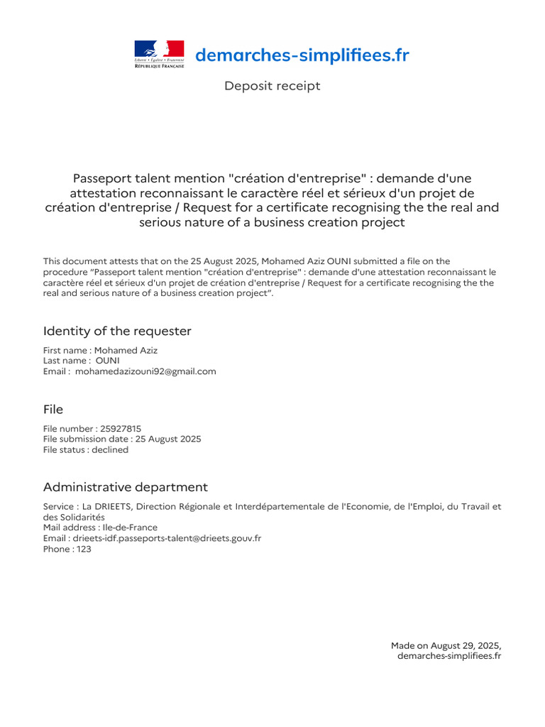 Attestation de projet d'entreprise refusée | PDF