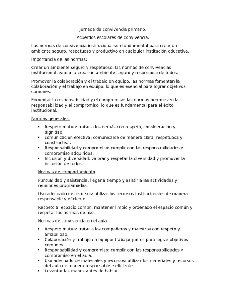 Normas de Convivencia Escolar Primaria | PDF | Salón de clases