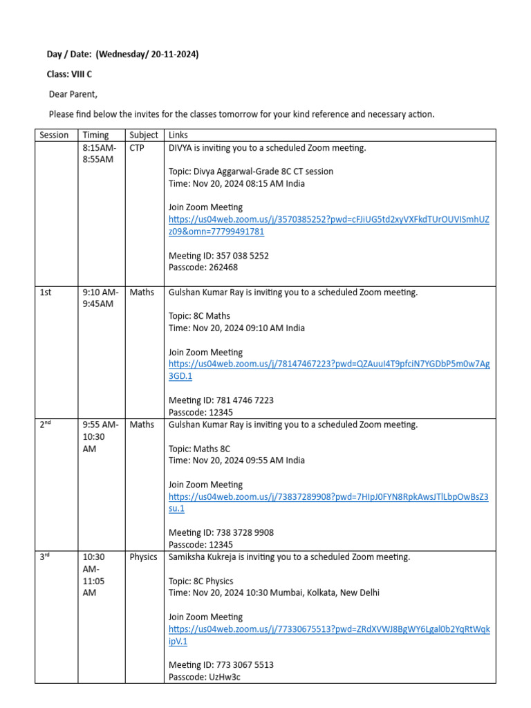 Class 8C Online Schedule for Nov 20 | PDF