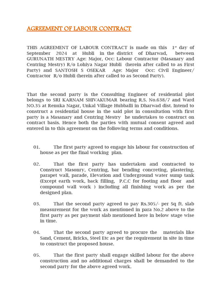 Labour Contract for House Construction | PDF | Building Engineering ...