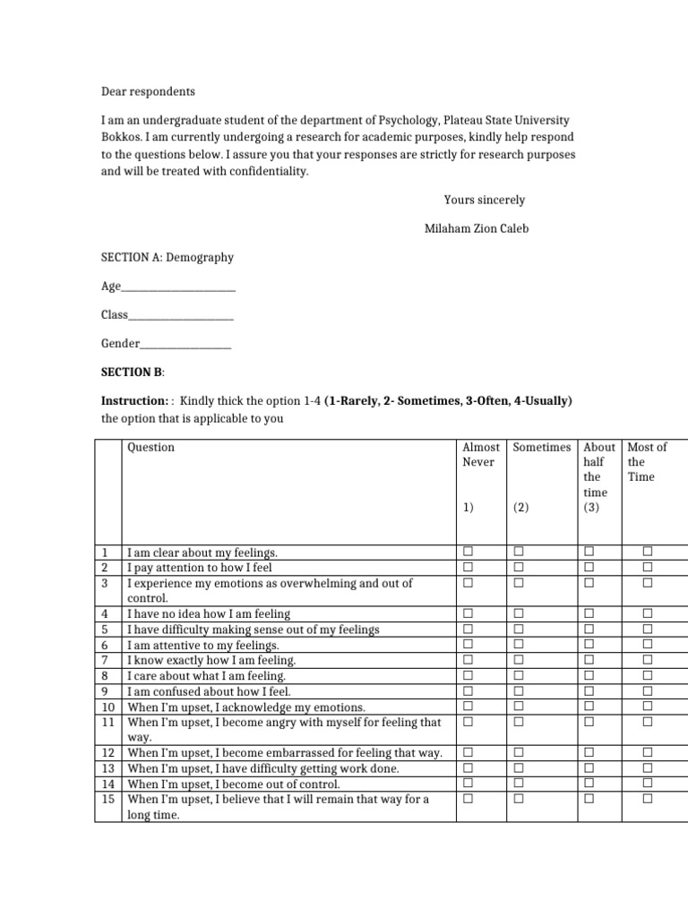 Psychology Research Survey Questionnaire | PDF | Feeling | Psychology